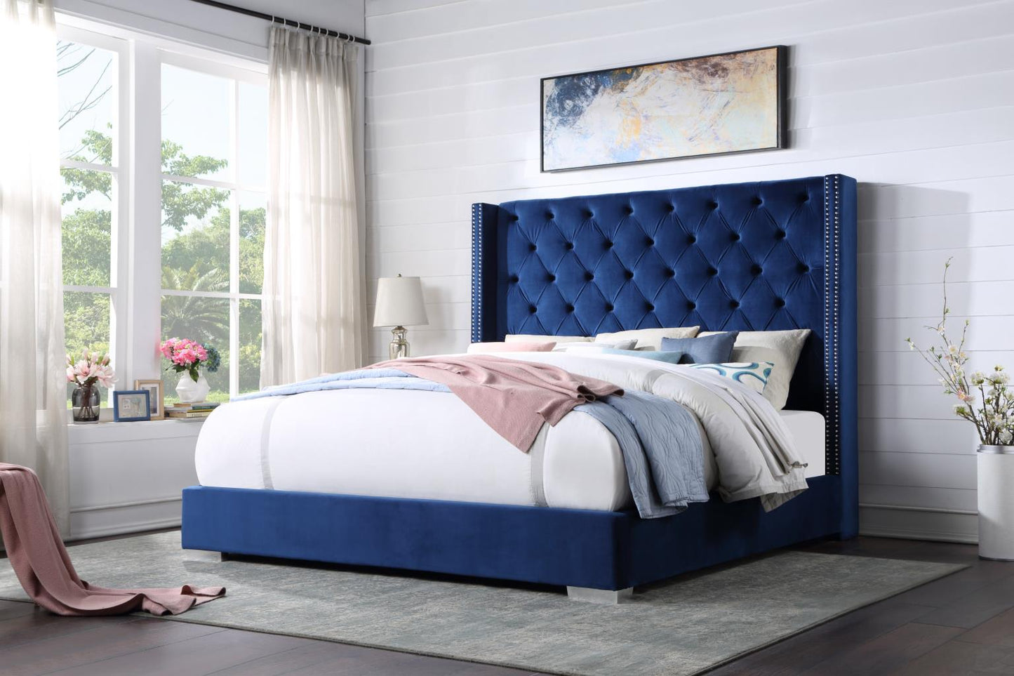 B579-Q BLACK, GREY OR BLUE VELVET QUEEN BED