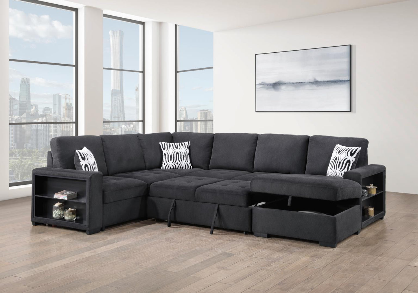 U274 BLACK 3 PC SECTIONAL W/USB & OTTOMAN