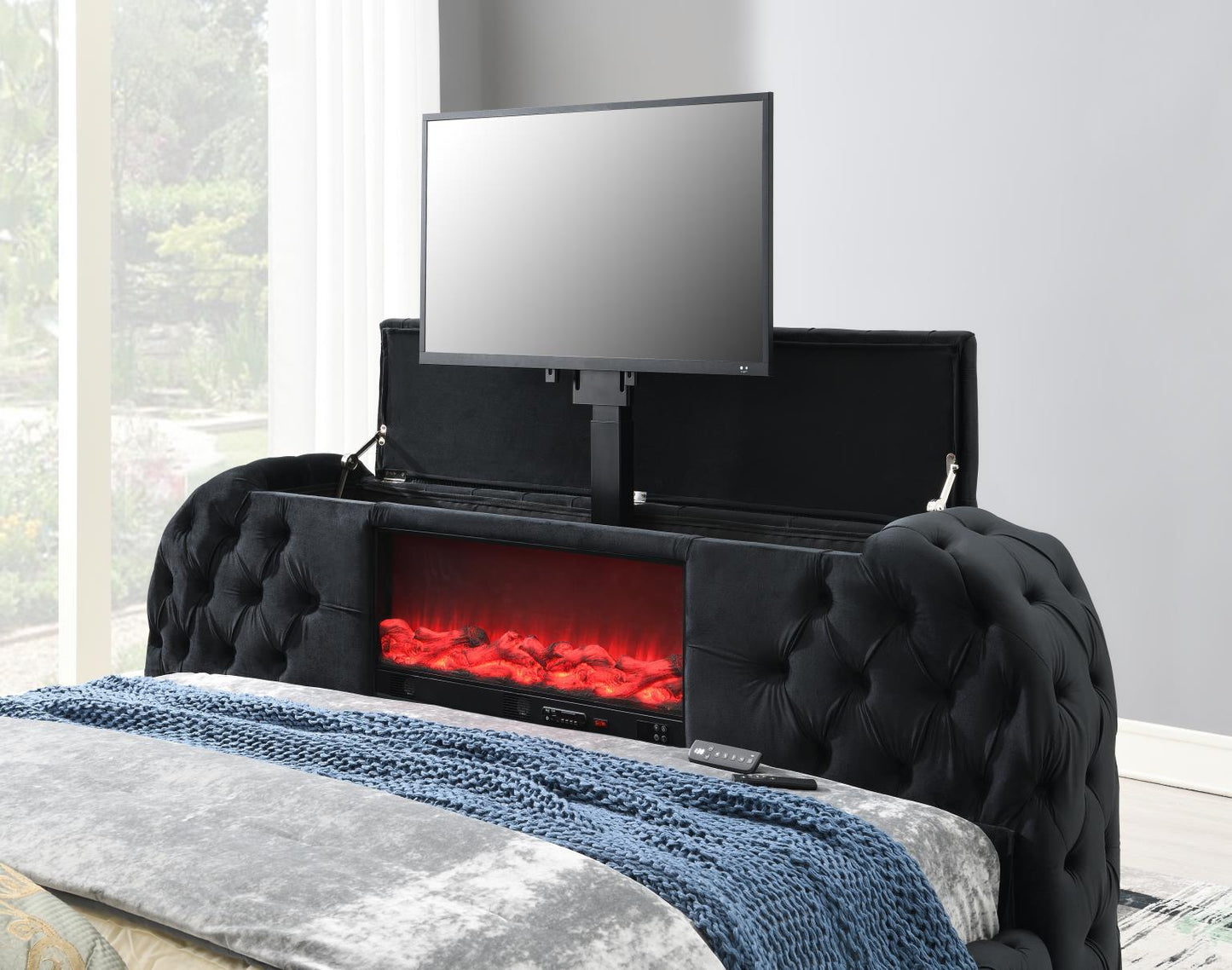 B541-Q	GRAY OR BLACK VELVET QUEEN OR KING BED W/FIREPLACE, TV MOUNT & BLUETOOTH SPEAKER & USB