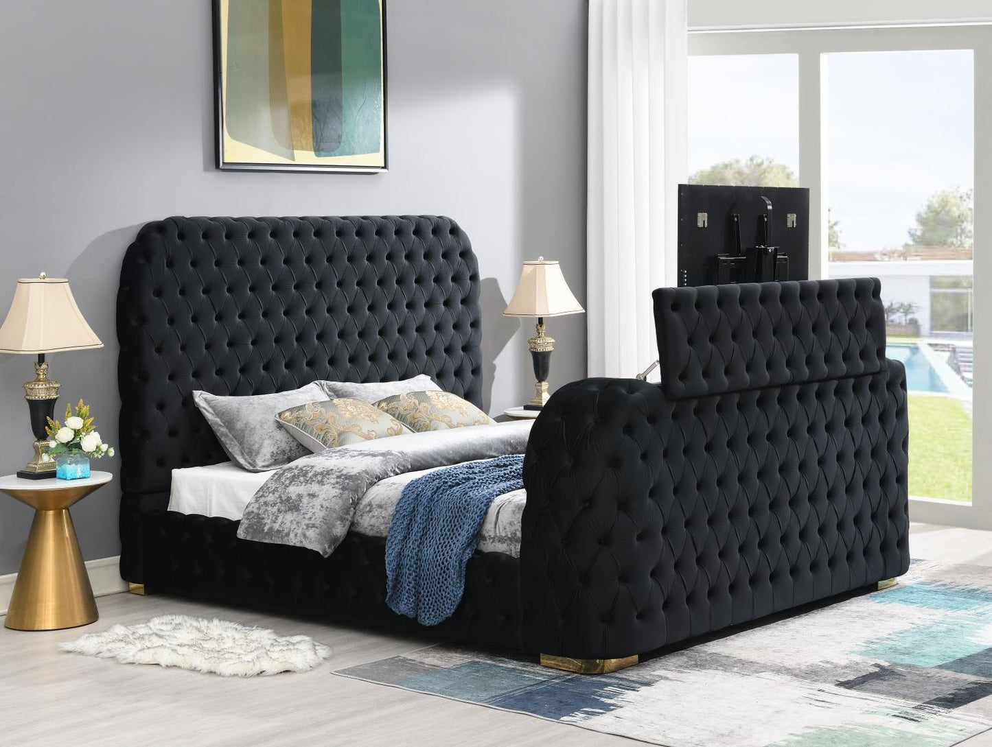 B541-Q	GRAY OR BLACK VELVET QUEEN OR KING BED W/FIREPLACE, TV MOUNT & BLUETOOTH SPEAKER & USB