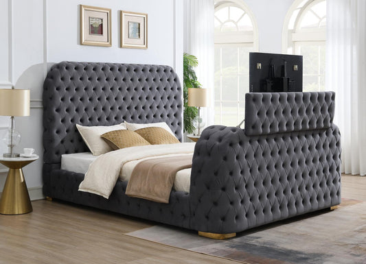 B541-Q	GRAY OR BLACK VELVET QUEEN OR KING BED W/FIREPLACE, TV MOUNT & BLUETOOTH SPEAKER & USB