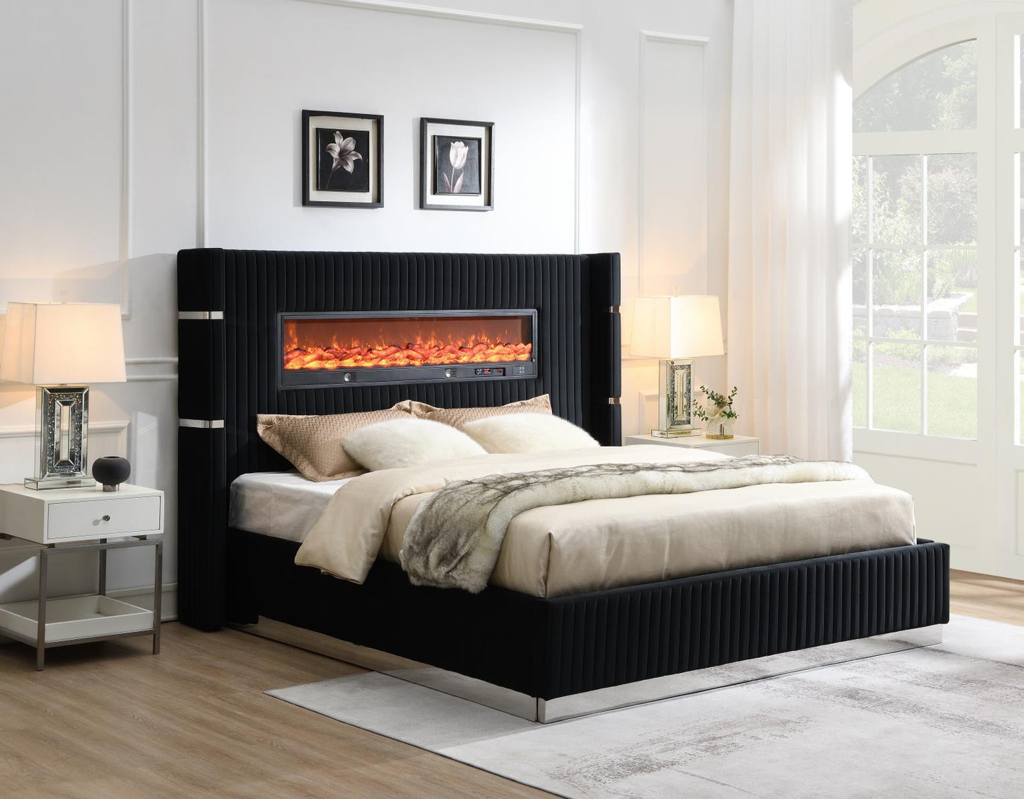 B544-Q	GRAY OR BLACK VELVET QUEEN OR KING BED W/FIREPLACE & BLUETOOTH SPEAKER & USB