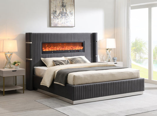 B544-Q	GRAY OR BLACK VELVET QUEEN OR KING BED W/FIREPLACE & BLUETOOTH SPEAKER & USB