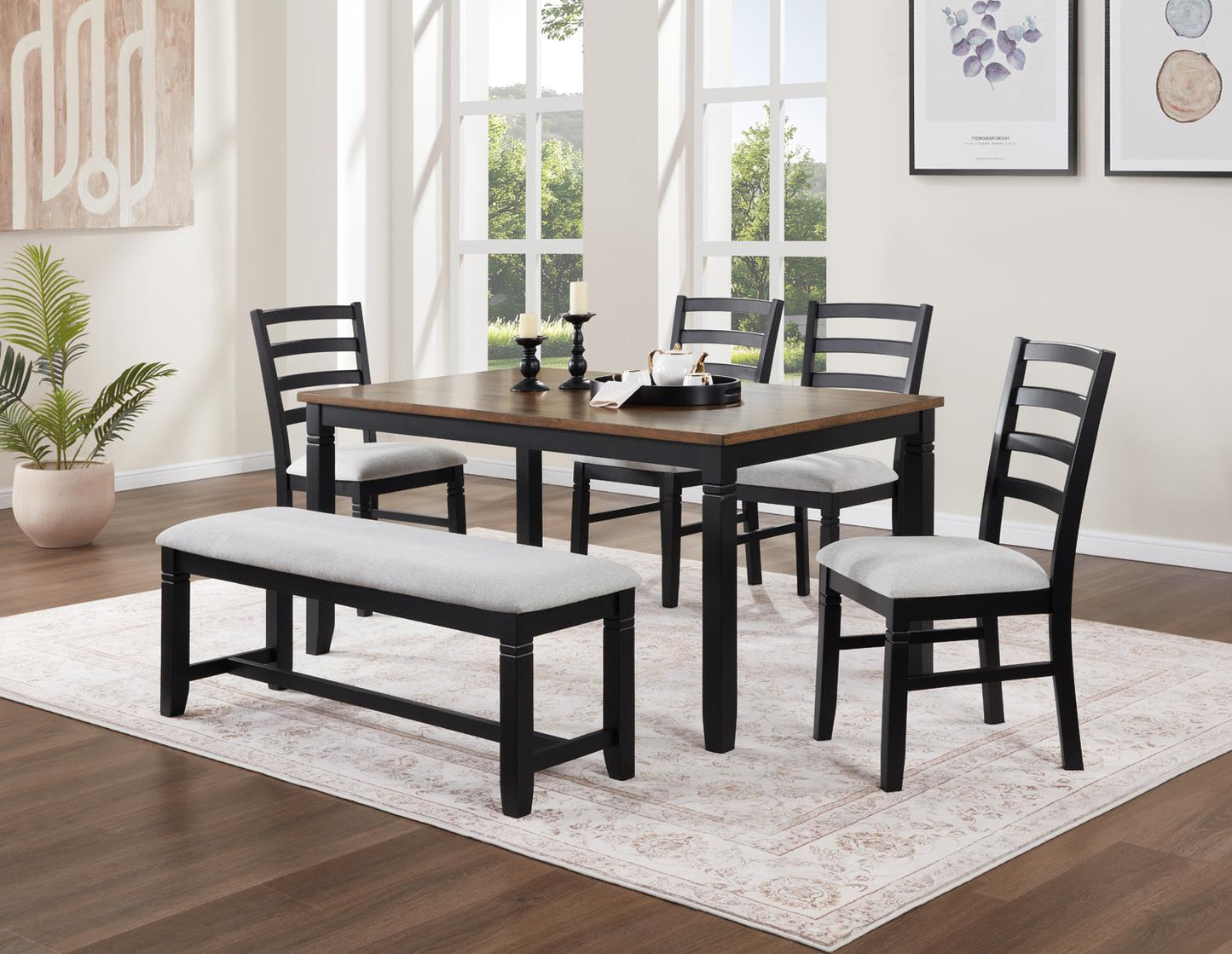D198-6PC	BLACK/DARK BROWN DINING TABLE & 4 CHAIRS & BENCH