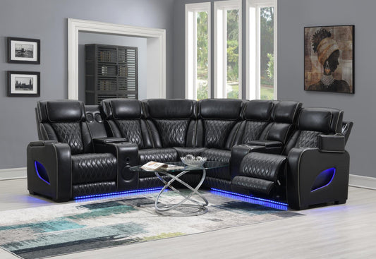 U10	BLACK 3 PC POWER LED SECTIONAL, POWER HEADREST, HEAT, MASSAGE WIRELESS CHARGER, AND USB