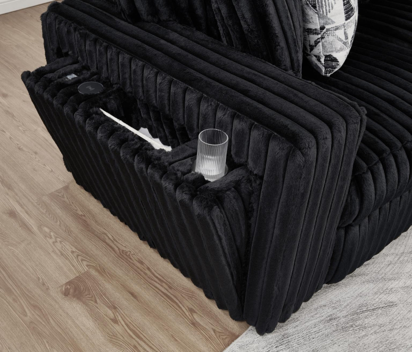 U259	BLACK CORDUROY POWER RECLINING 4 PC SECTIONAL W/2 WIRELESS CHARGER