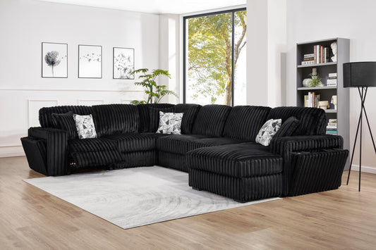 U259	BLACK CORDUROY POWER RECLINING 4 PC SECTIONAL W/2 WIRELESS CHARGER