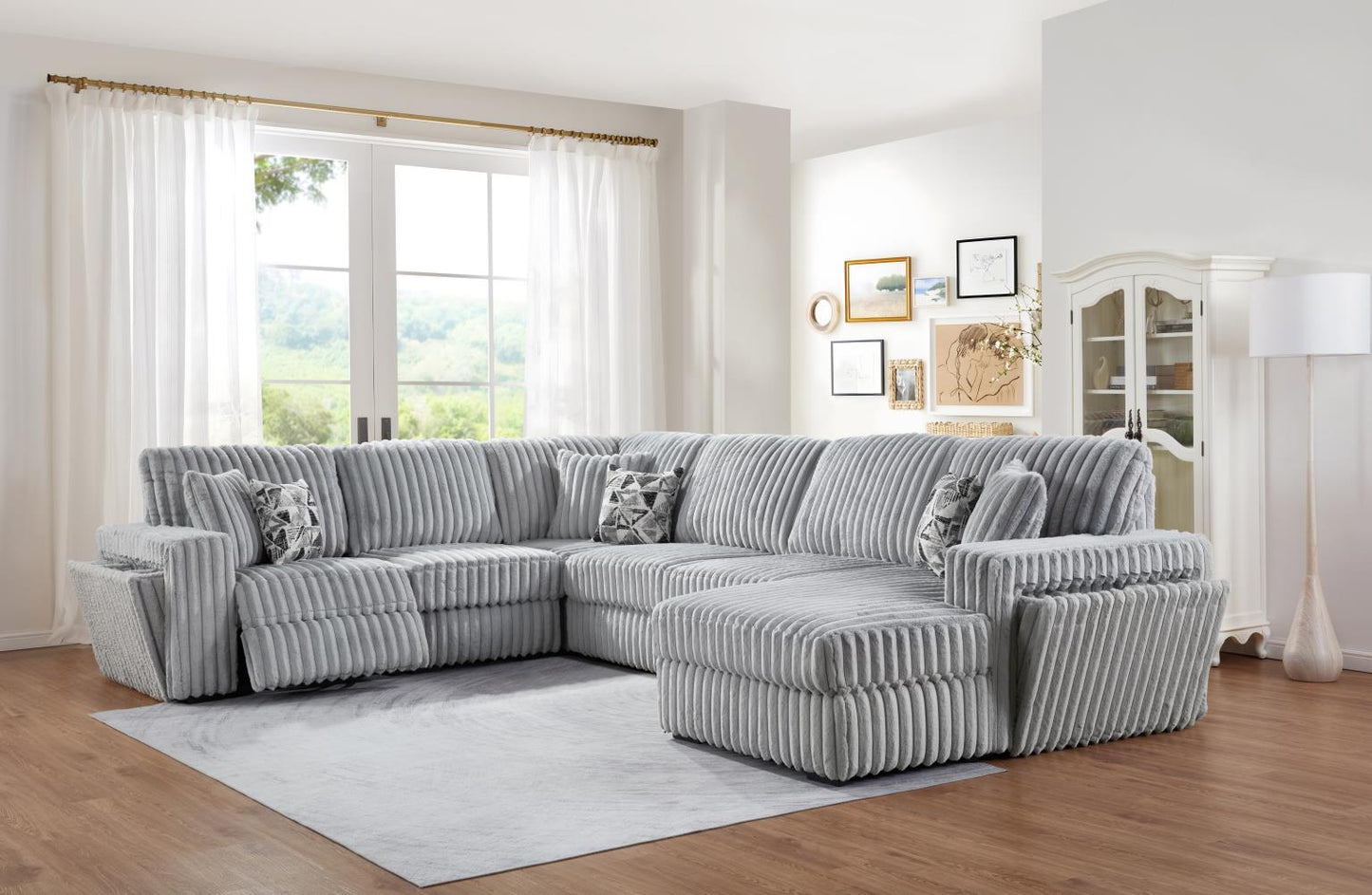 U260	GRAY CORDUROY POWER RECLINING 4 PC SECTIONAL W/2 WIRELESS CHARGER