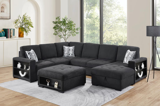 U274	BLACK 3 PC SECTIONAL W/USB & OTTOMAN