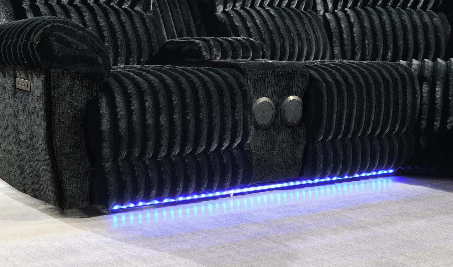 U60	BLACK CORDUROY POWER 3 PC SECTIONAL W/BLUETOOTH SPEAKER, AND WIRELESS CHARGER