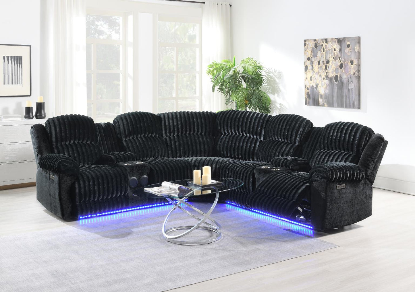 U60	BLACK CORDUROY POWER 3 PC SECTIONAL W/BLUETOOTH SPEAKER, AND WIRELESS CHARGER