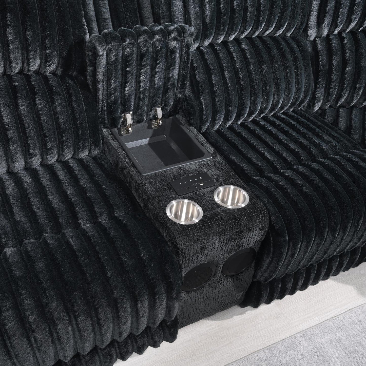 U60	BLACK CORDUROY POWER 3 PC SECTIONAL W/BLUETOOTH SPEAKER, AND WIRELESS CHARGER