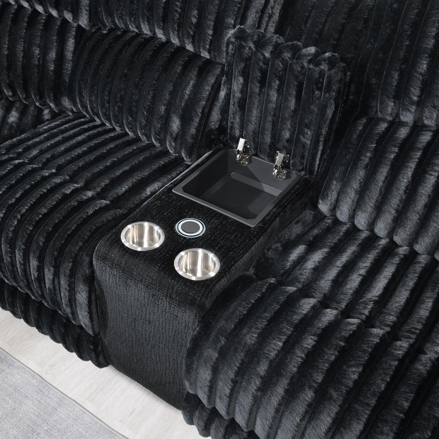 U60	BLACK CORDUROY POWER 3 PC SECTIONAL W/BLUETOOTH SPEAKER, AND WIRELESS CHARGER