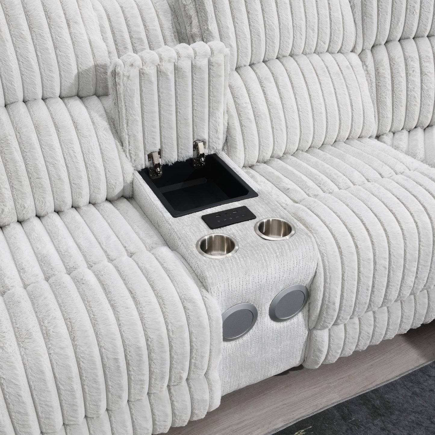 U61	GRAY CORDUROY POWER 3 PC SECTIONAL W/BLUETOOTH SPEAKER, AND WIRELESS CHARGER