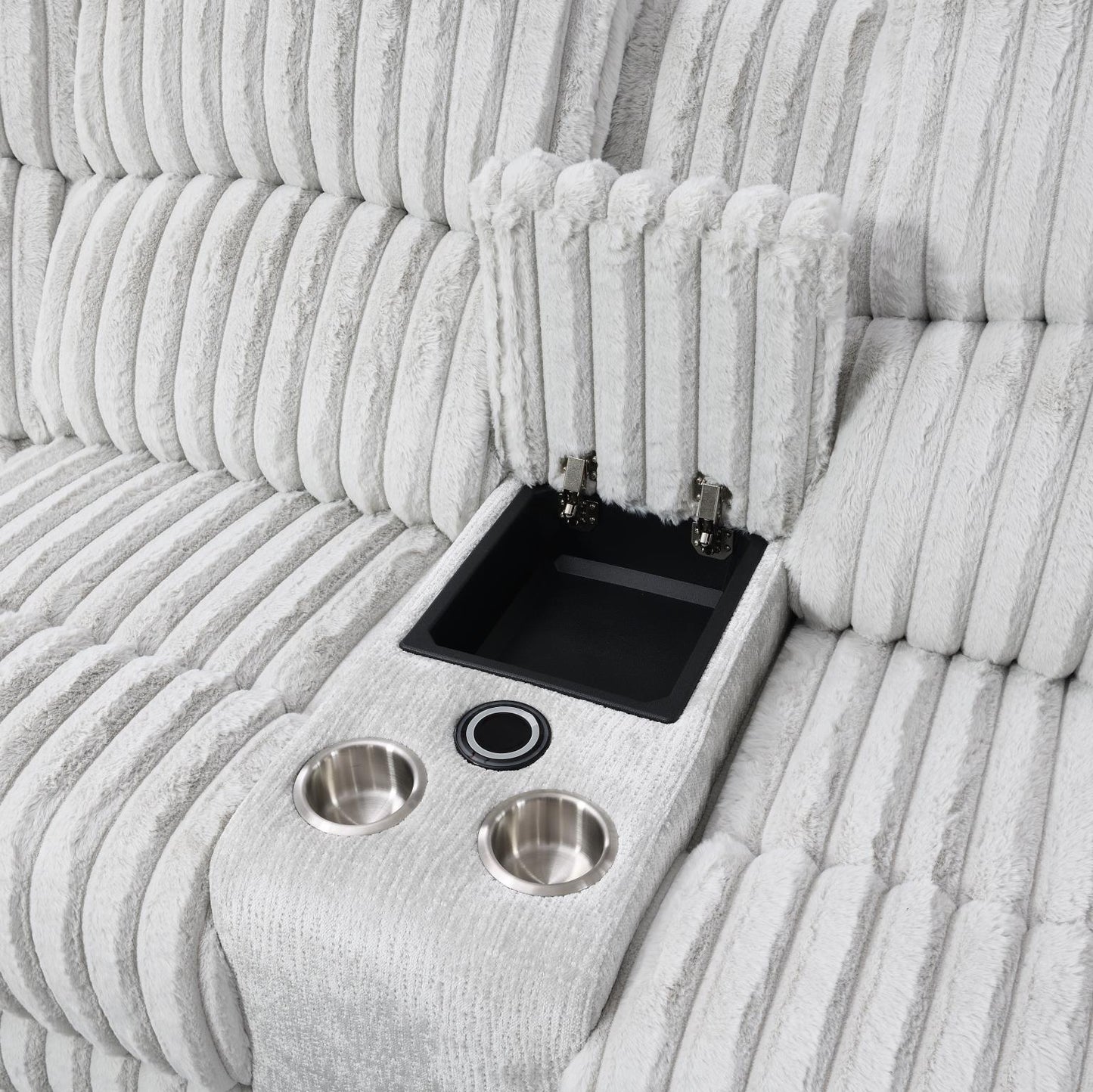 U61	GRAY CORDUROY POWER 3 PC SECTIONAL W/BLUETOOTH SPEAKER, AND WIRELESS CHARGER