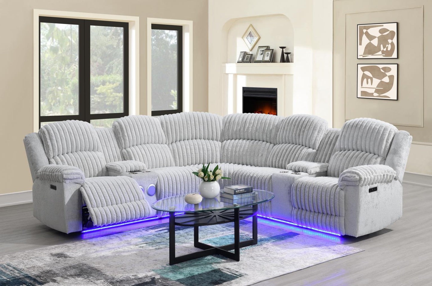 U61	GRAY CORDUROY POWER 3 PC SECTIONAL W/BLUETOOTH SPEAKER, AND WIRELESS CHARGER