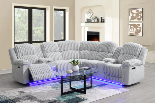 U61	GRAY CORDUROY POWER 3 PC SECTIONAL W/BLUETOOTH SPEAKER, AND WIRELESS CHARGER